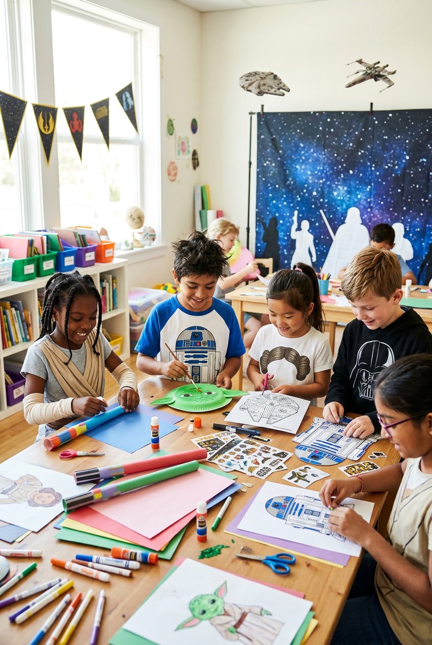 Children making Star Wars themed crafts at a table filled with colorful craft supplies in a bright room.