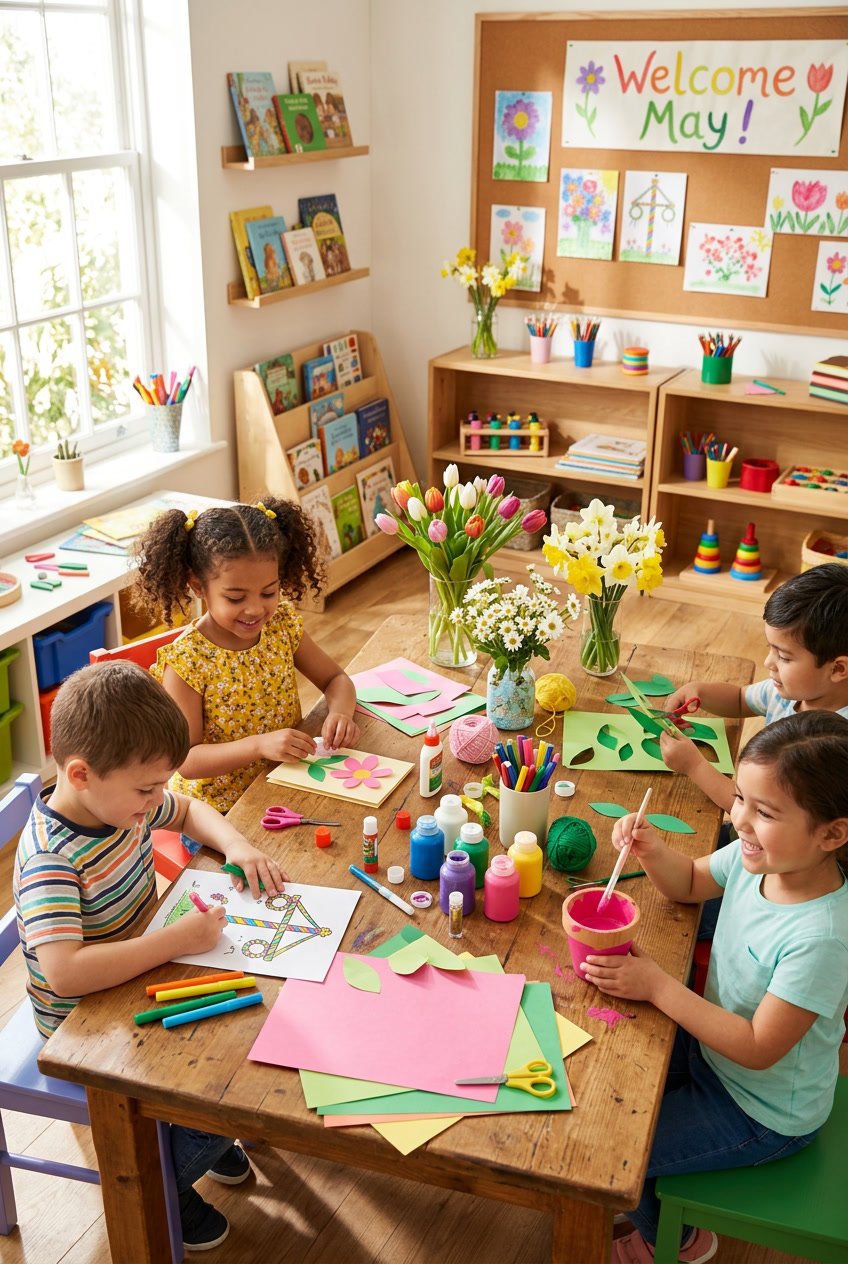 Children sitting around a table making colorful May themed crafts with art supplies and flowers in a bright room.