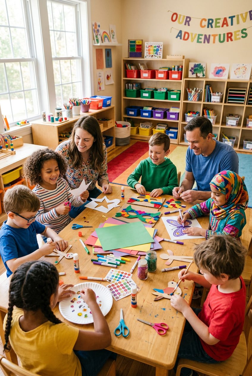 Children happily making crafts at a table with colorful supplies while adults assist them in a bright room.