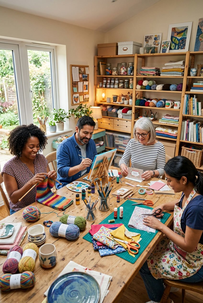 Adults working together on different craft projects at a table filled with colorful materials in a well lit room.