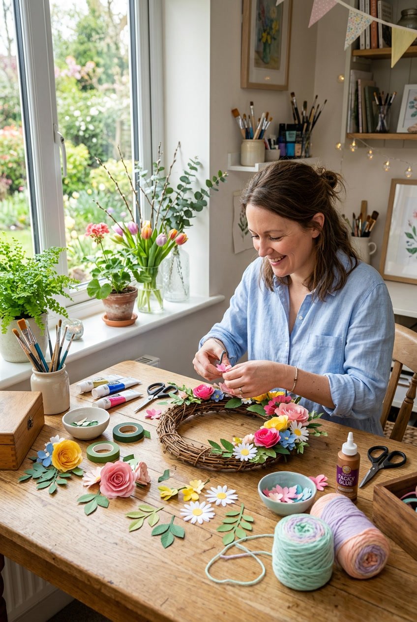 An adult working on a colorful craft project with flowers and art supplies on a wooden table in a bright room.