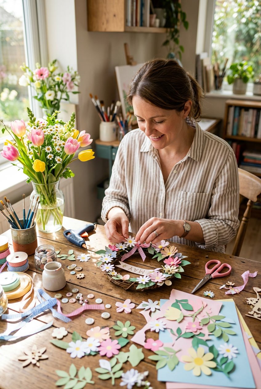 An adult working on a colorful spring themed craft project at a table with various craft supplies and fresh flowers nearby.