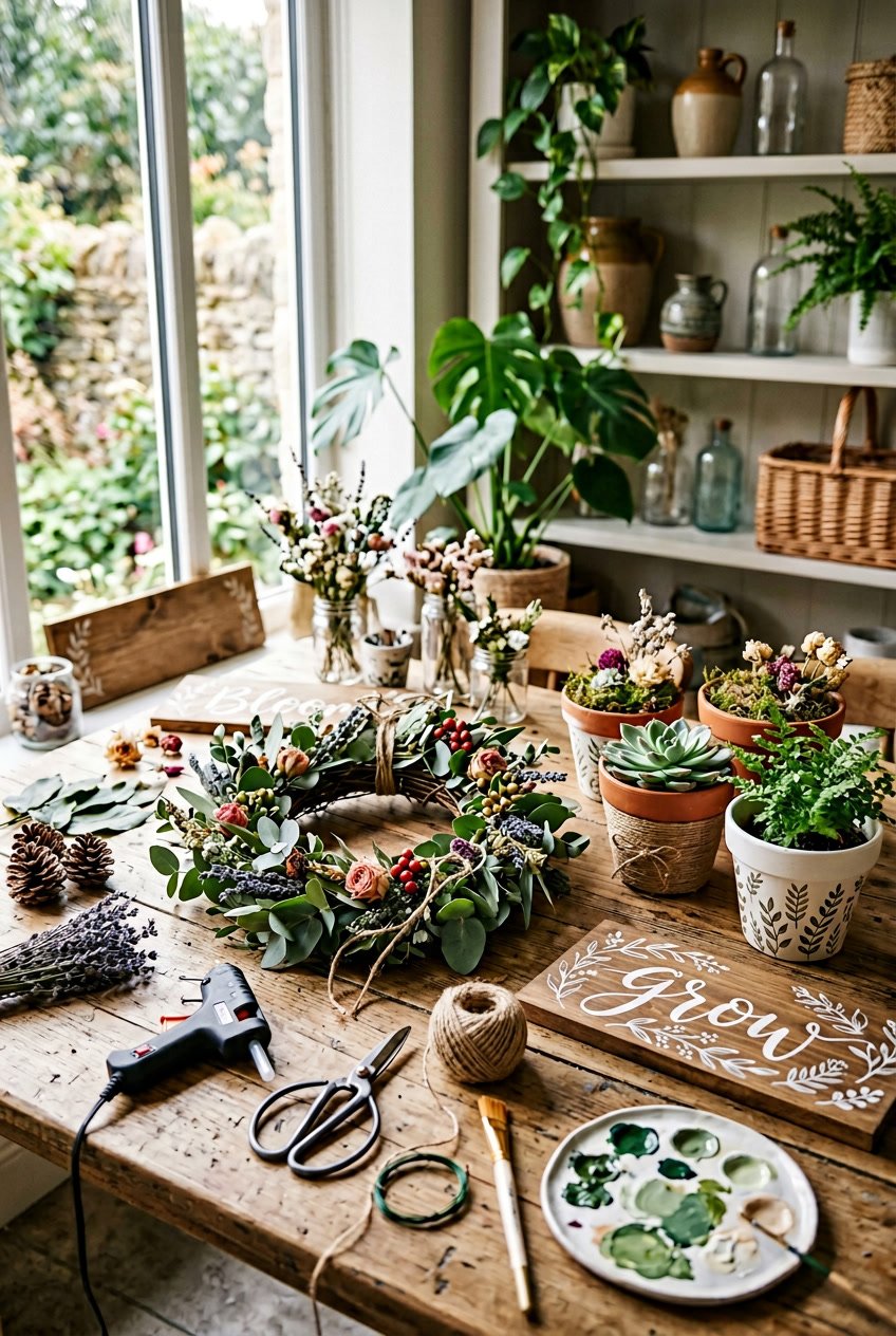 A crafting workspace with various floral and nature inspired handmade decor items, plants, and crafting tools arranged neatly on a table.