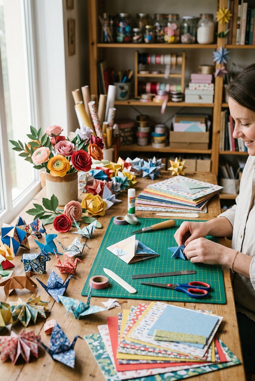 A workspace with colorful paper crafts, scissors, glue, and paper sheets arranged on a wooden table.