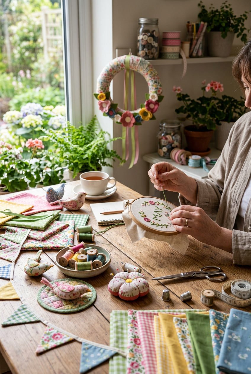A workspace with colorful fabrics, sewing tools, and hands working on fabric crafts inspired by spring.