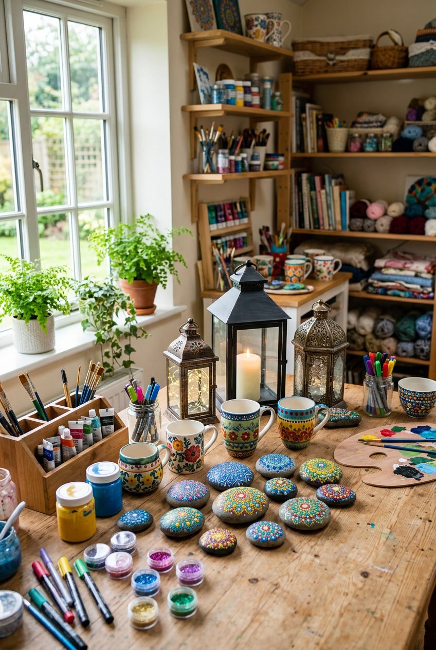 A workspace displaying painted mugs, decorated rocks, and rustic lanterns arranged on a wooden table with craft supplies nearby.