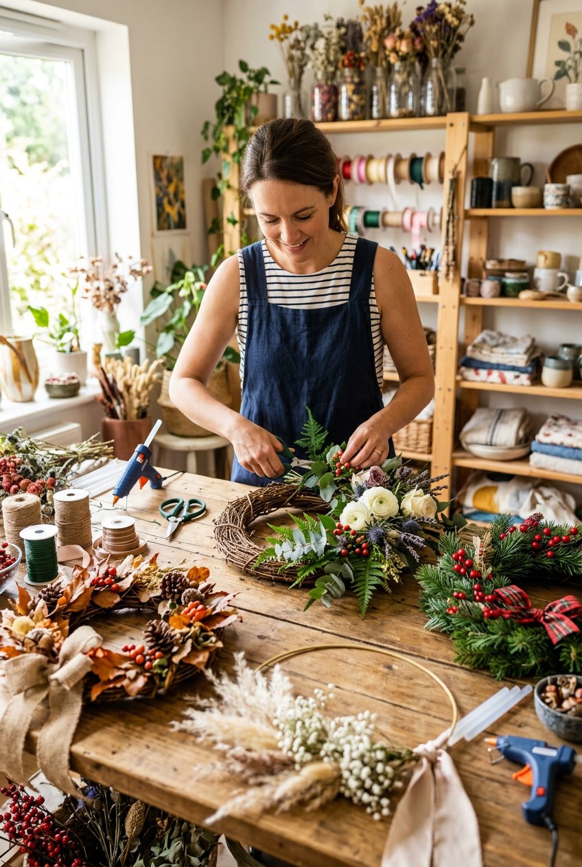 A bright craft workspace with various wreaths made from flowers, leaves, and ribbons, surrounded by craft tools on a wooden table.