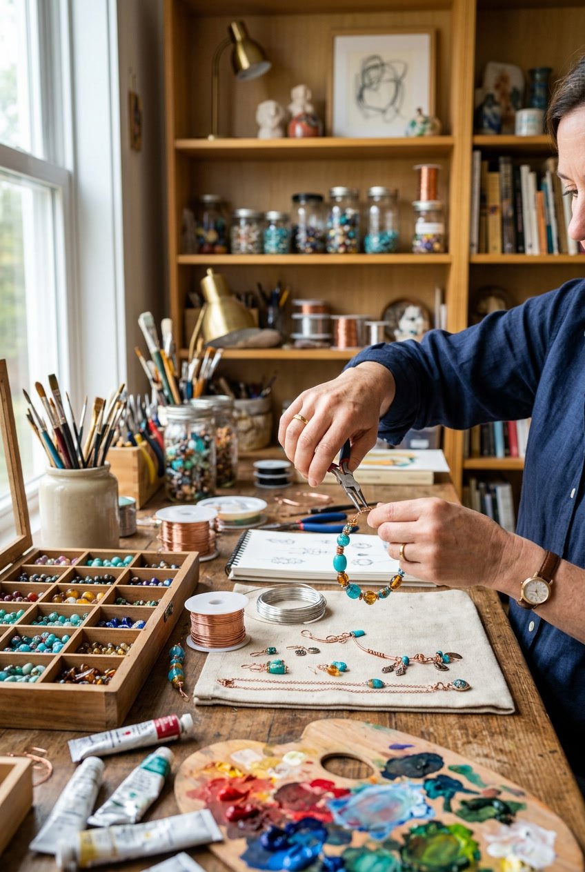 An adult workspace with hands crafting jewelry and art supplies on a wooden table.