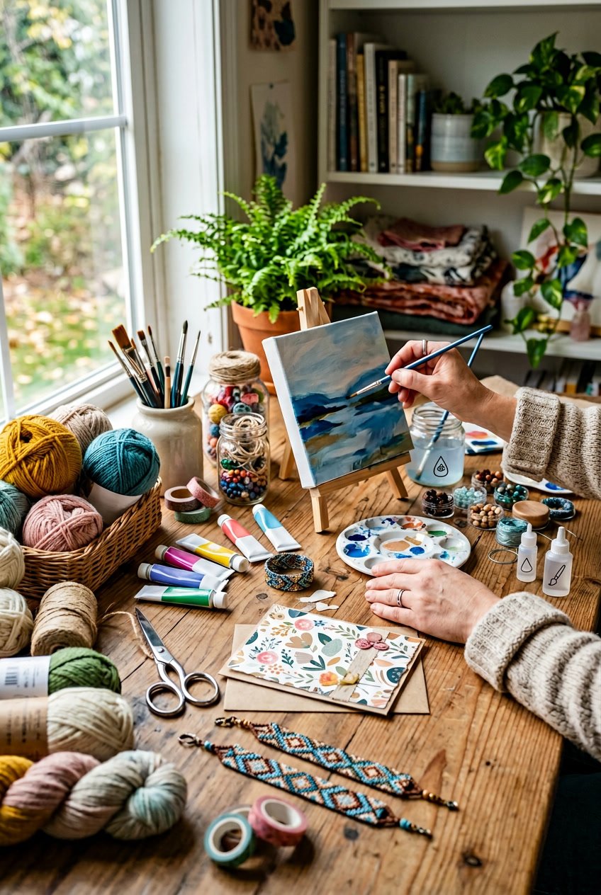 A wooden table with various adult craft supplies and hands working on a small craft project in a bright, cozy workspace.