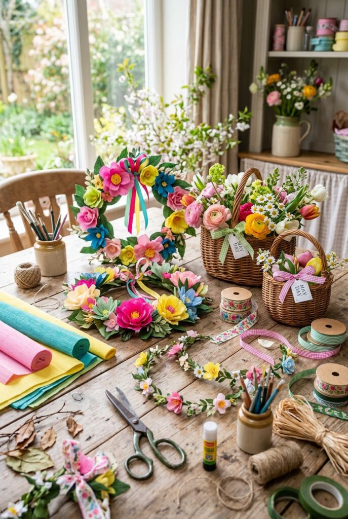 A table with colorful handmade May Day crafts including paper flower wreaths, floral garlands, baskets of flowers, and crafting supplies.