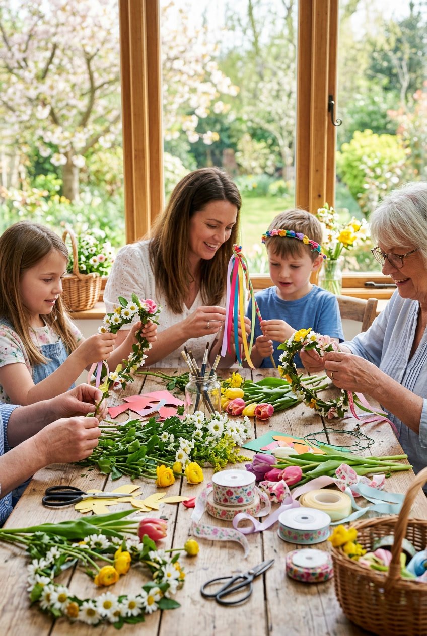 People making flower crowns and May Day decorations with colorful craft supplies on a wooden table in a sunlit room.