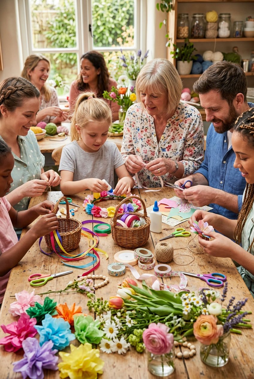 Hands of people making colorful May Day crafts with flowers, ribbons, and baskets on a wooden table.