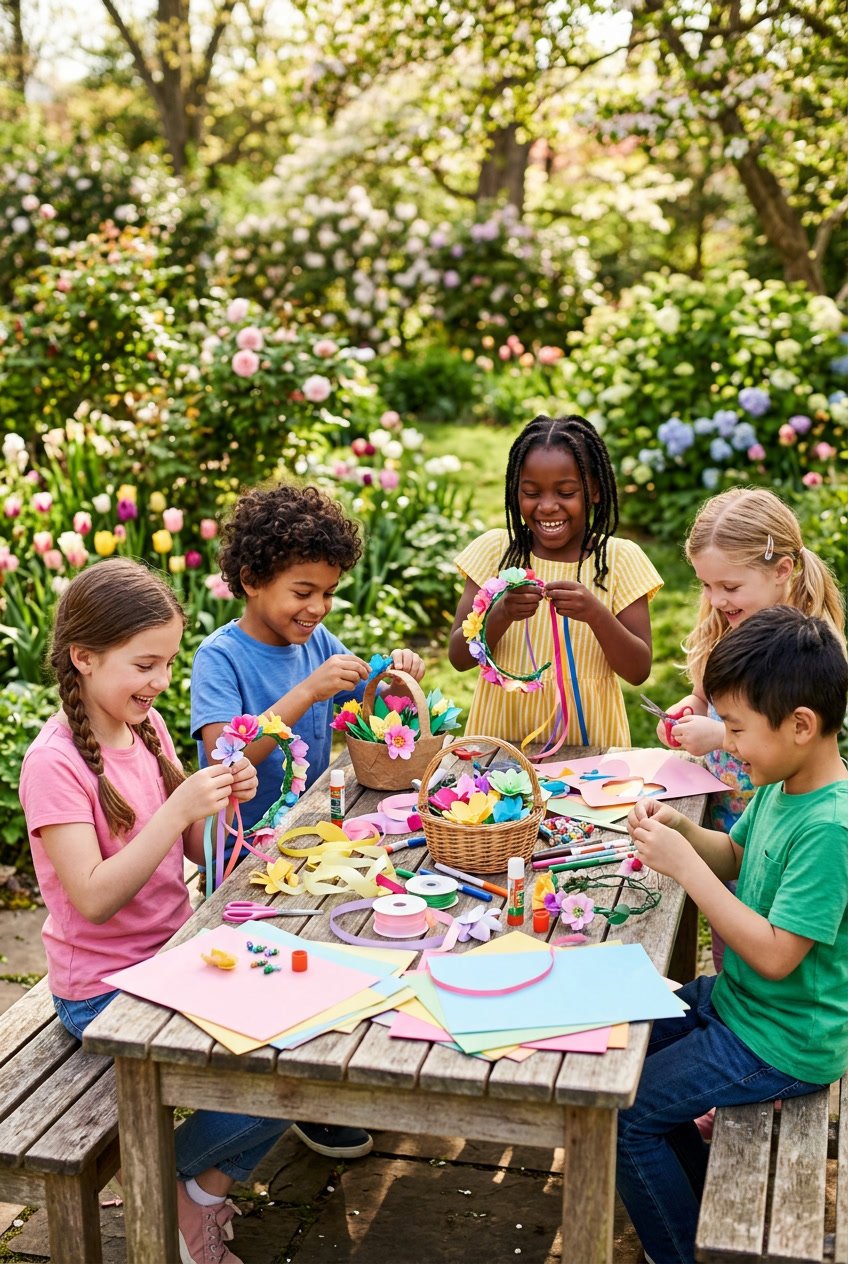 Children making May Day crafts with paper flowers and ribbons at an outdoor table in a garden.