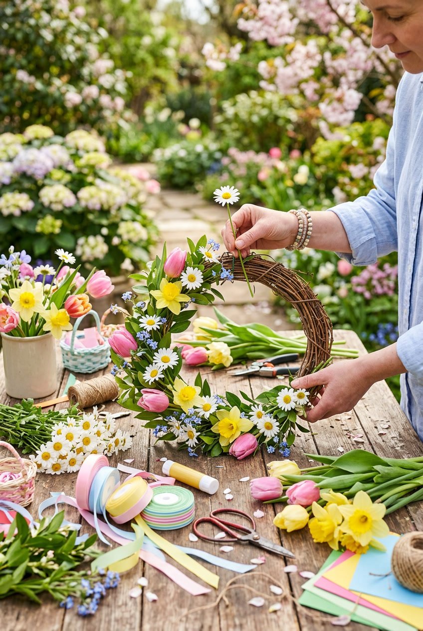 Hands crafting a spring floral wreath with fresh flowers and ribbons on a wooden table surrounded by craft supplies and a garden background.