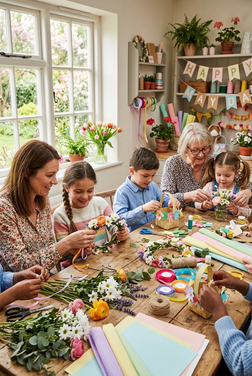 People making flower crowns and spring crafts at a table filled with flowers and craft supplies.