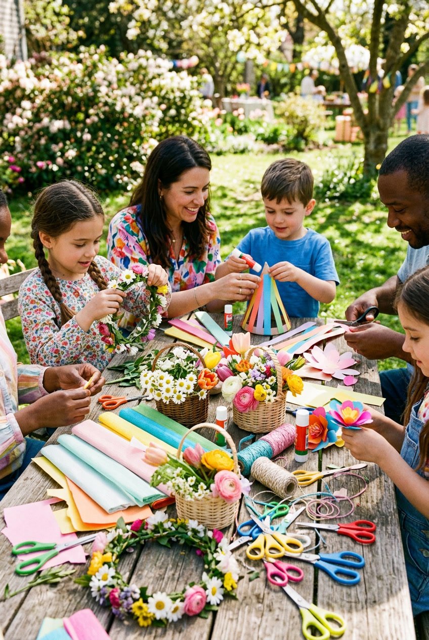 People making colorful May Day crafts with paper flowers, baskets, and flower crowns on a wooden table outdoors.