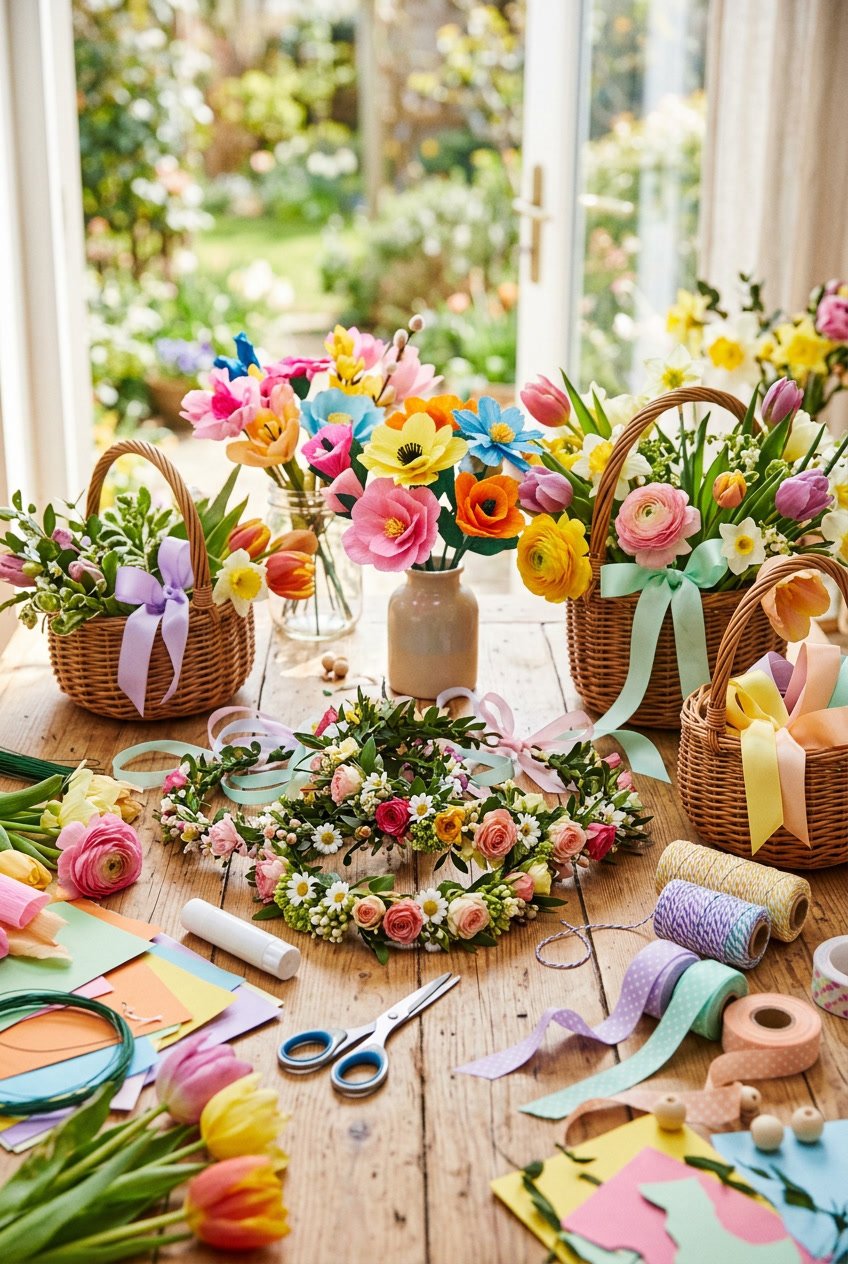 A table with colorful May Day crafts including paper flowers, flower crowns, baskets of spring flowers, and crafting supplies.