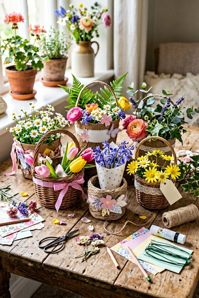 Handmade small baskets filled with spring flowers and craft supplies on a wooden table.