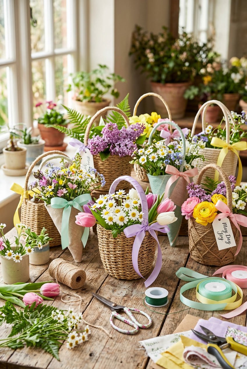Colorful handmade May Day baskets filled with fresh spring flowers and ribbons on a wooden table surrounded by crafting supplies.