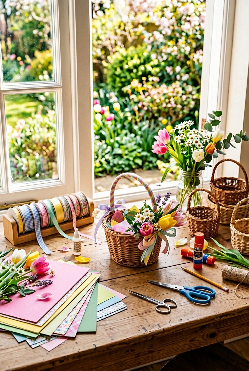 A table with colorful craft materials including flowers, ribbons, paper, scissors, glue, and woven baskets arranged for making May baskets.