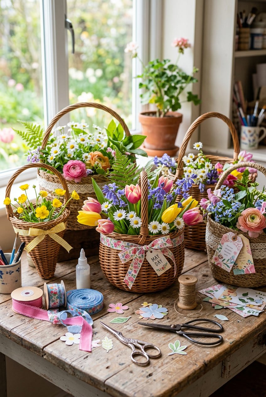 A table with handmade May baskets decorated with spring flowers and craft supplies like ribbons and scissors.