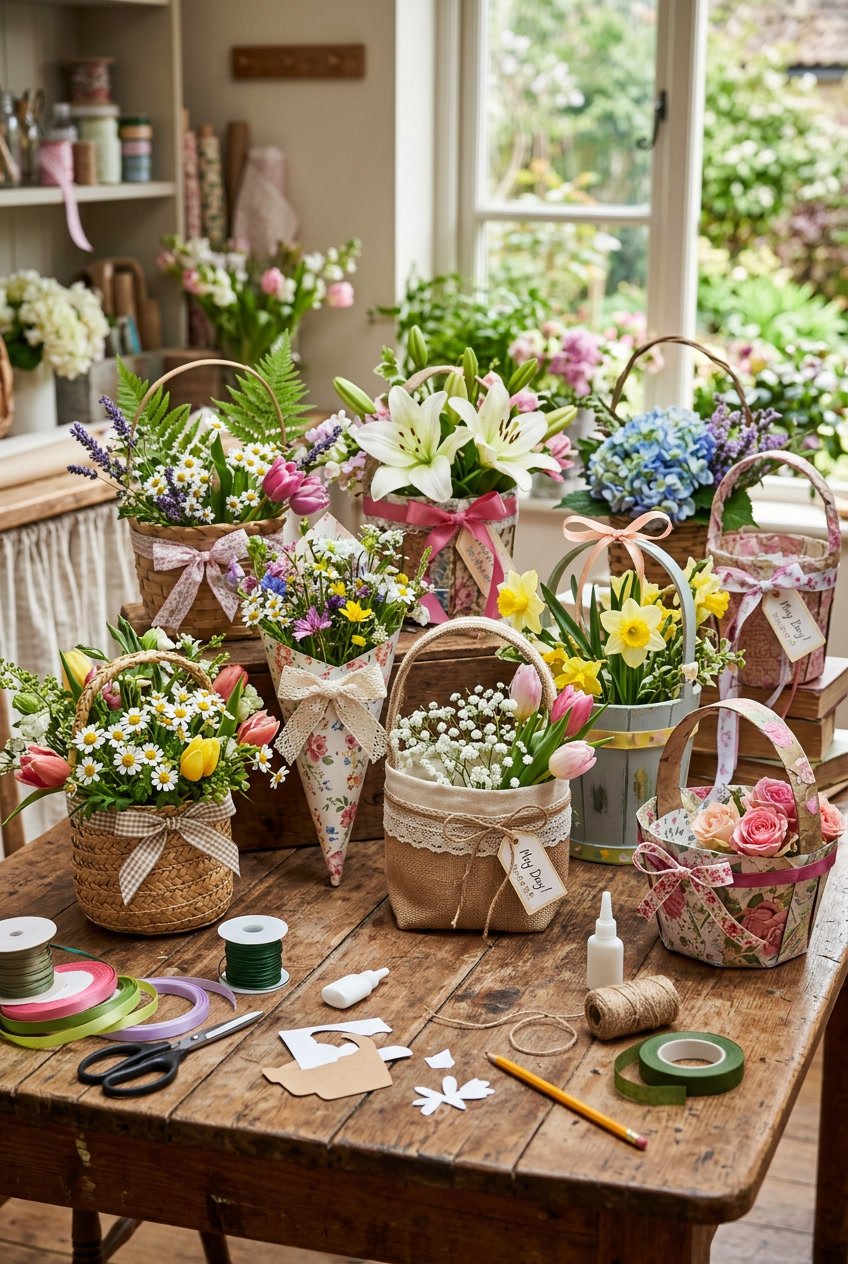 A collection of colorful handmade May baskets decorated with spring flowers arranged on a wooden table with crafting supplies around them.