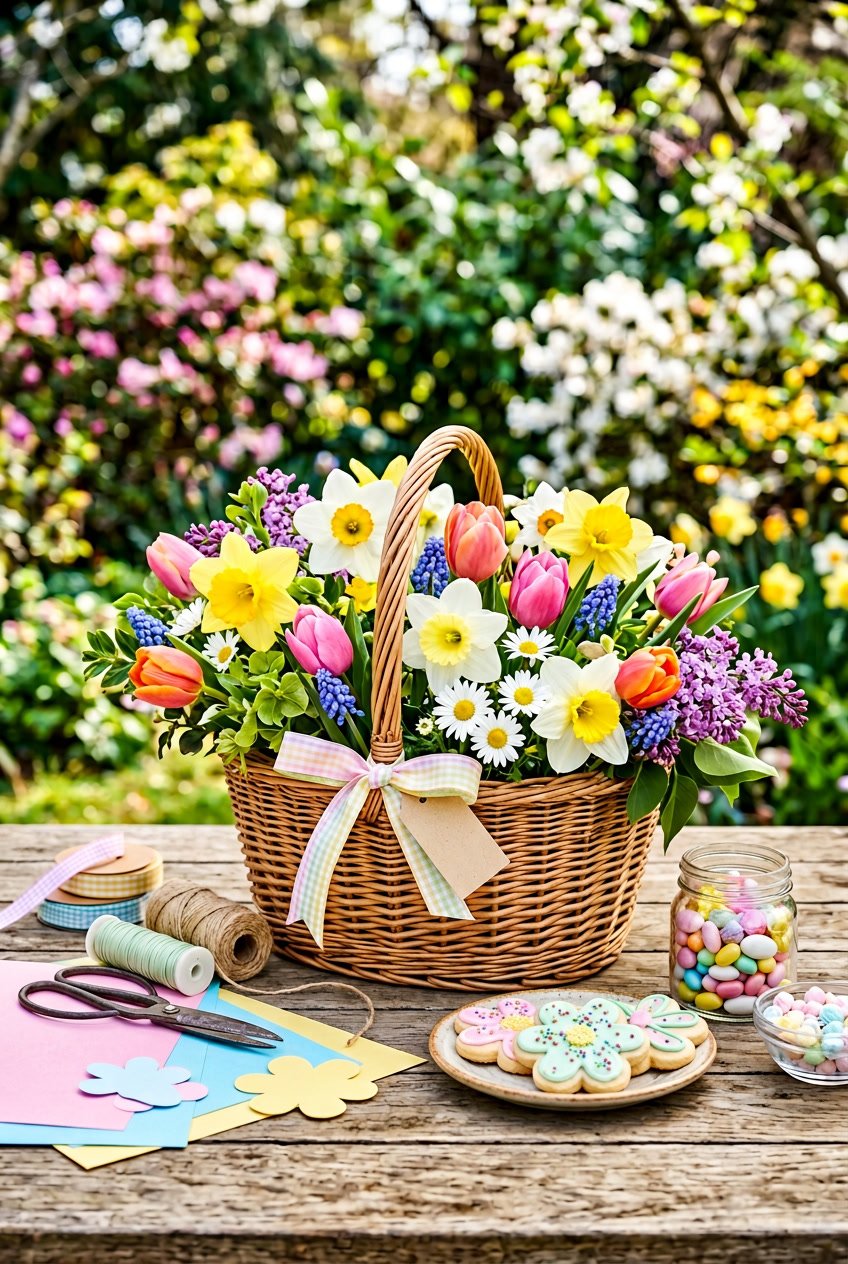 A May Day basket filled with colorful spring flowers and small homemade treats on a wooden table with crafting supplies around it.
