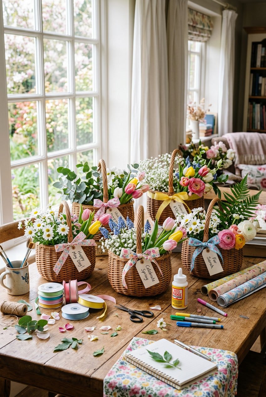 A wooden table with colorful handcrafted May Day baskets decorated with spring flowers and ribbons, surrounded by crafting supplies in a sunlit room.