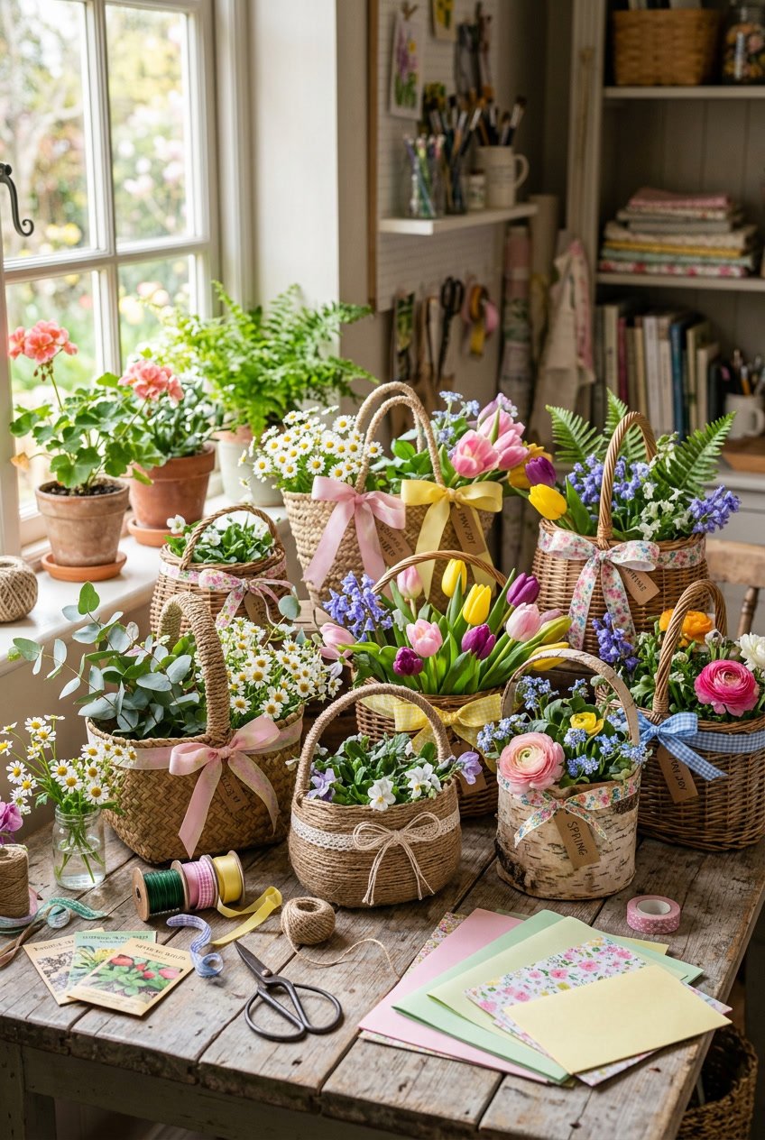 A table with handmade May baskets decorated with spring flowers and crafting supplies in a bright, cozy room.