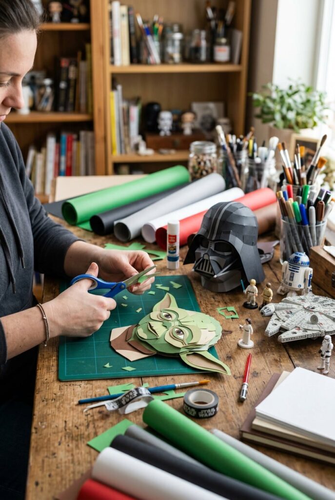 A person creating Star Wars themed crafts on a wooden table with various craft supplies and small Star Wars decorations.