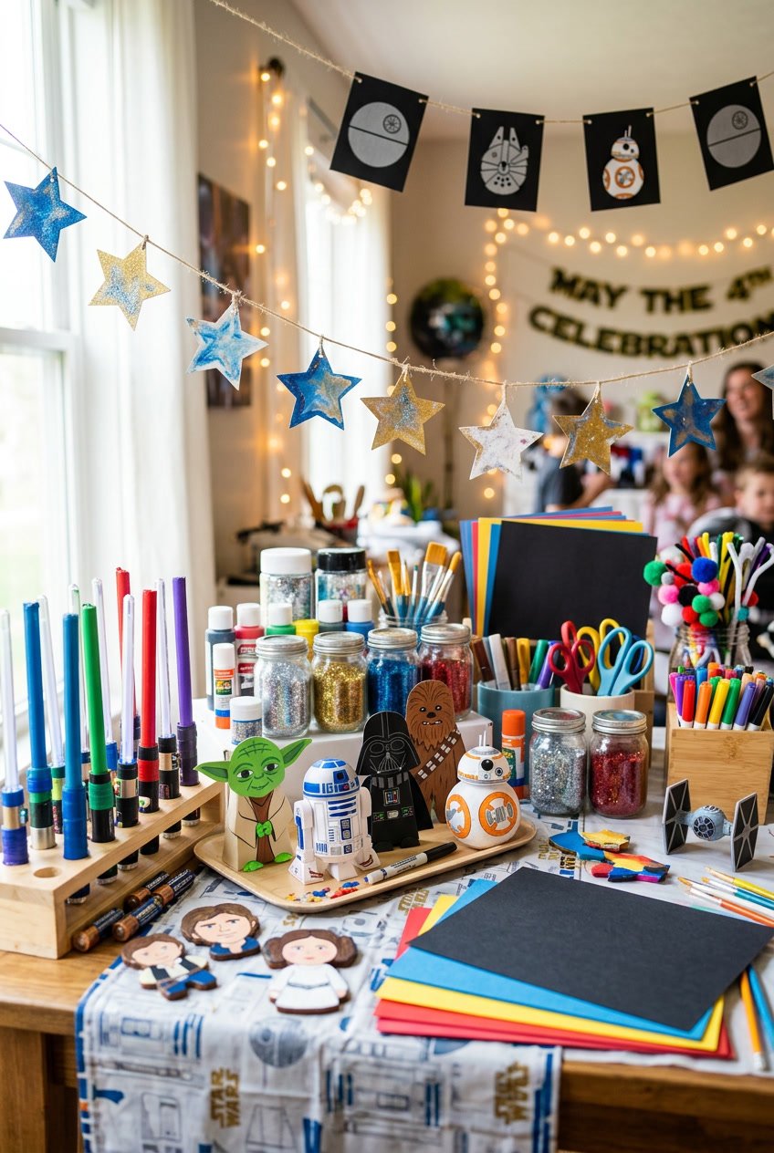 A craft table filled with Star Wars themed decorations and materials for a May the 4th party, including handmade lightsabers, star cutouts, and paper models of Star Wars characters.