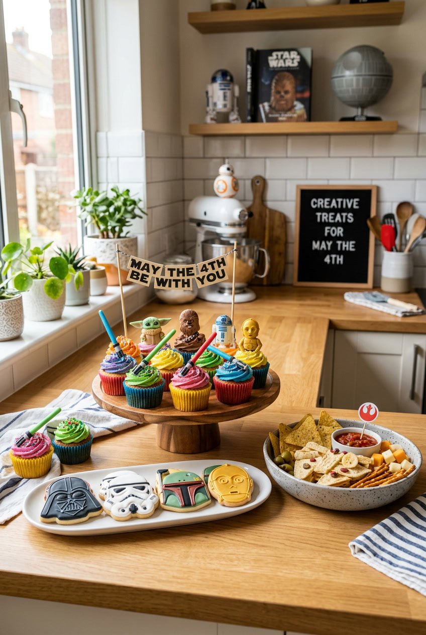 A kitchen workspace with Star Wars themed cupcakes, cookies, and snacks arranged creatively on a table.