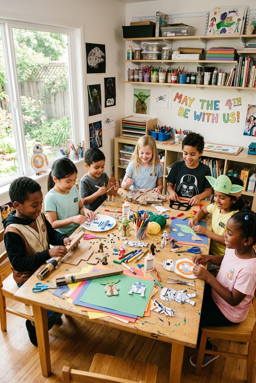 Children sitting around a table making Star Wars themed crafts with colorful art supplies in a bright room.