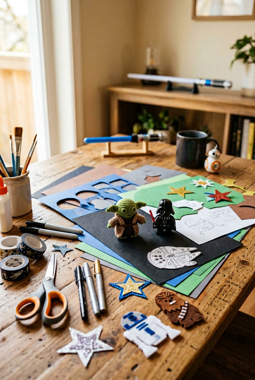 A creative workspace with Star Wars themed craft supplies and decorations arranged on a wooden table.
