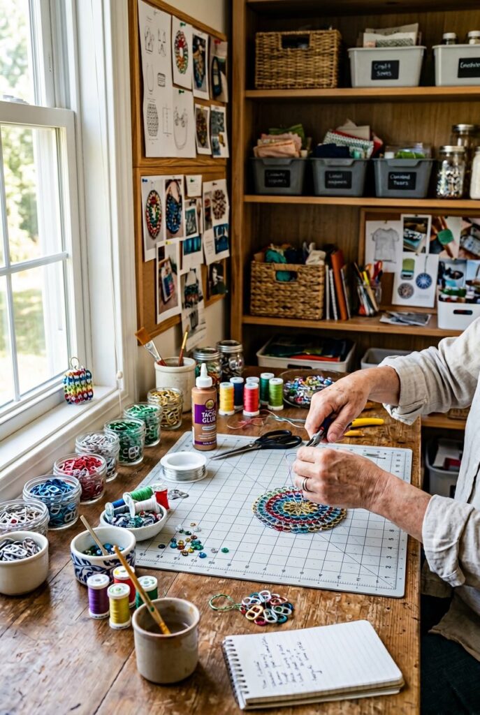 Hands crafting decorative items using colorful can tabs on a desk with various craft supplies.