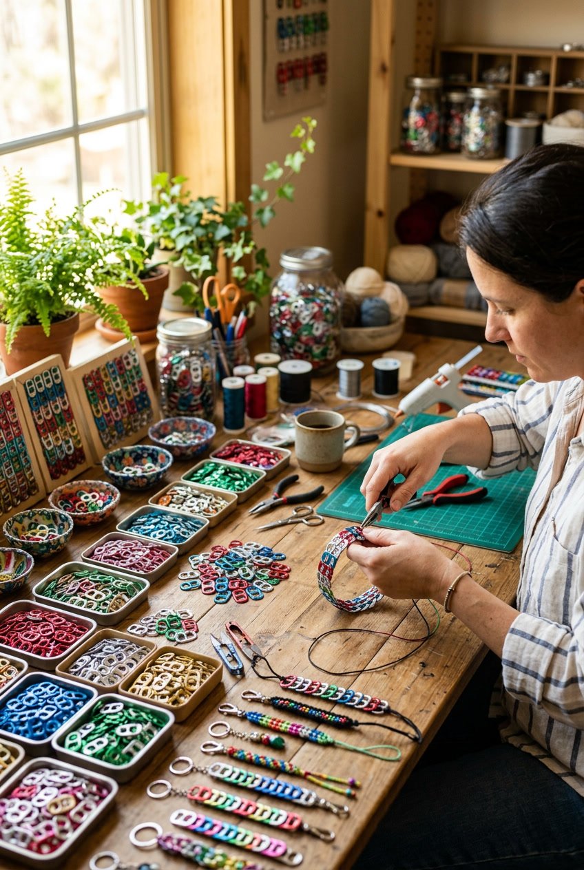 Hands assembling a bracelet from colorful aluminum can tabs on a wooden table with crafting tools and materials around.