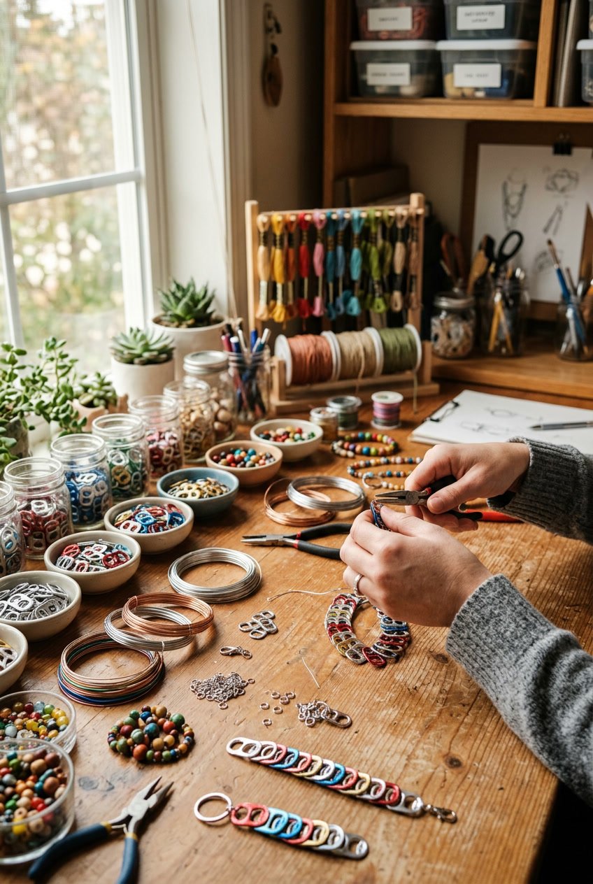 Hands crafting accessories using aluminum can tabs and various craft materials on a wooden table.