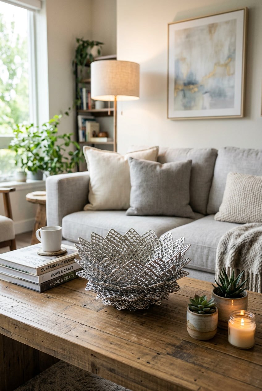 A decorative piece made from can tabs displayed on a coffee table in a cozy living room setting.