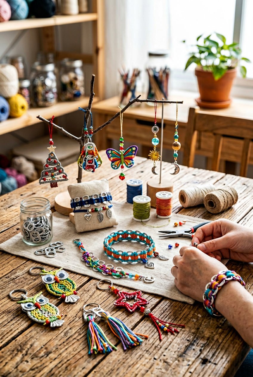 A collection of handmade crafts made from soda can tabs including bracelets, keychains, and ornaments arranged on a wooden table.