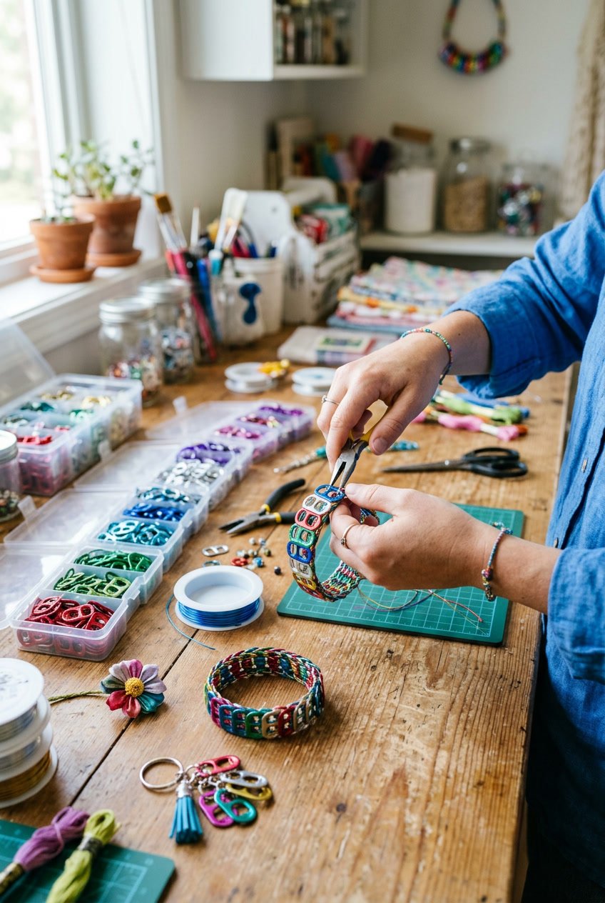 Hands crafting jewelry and decorative items using colorful aluminum can tabs on a wooden table with crafting tools and containers nearby.