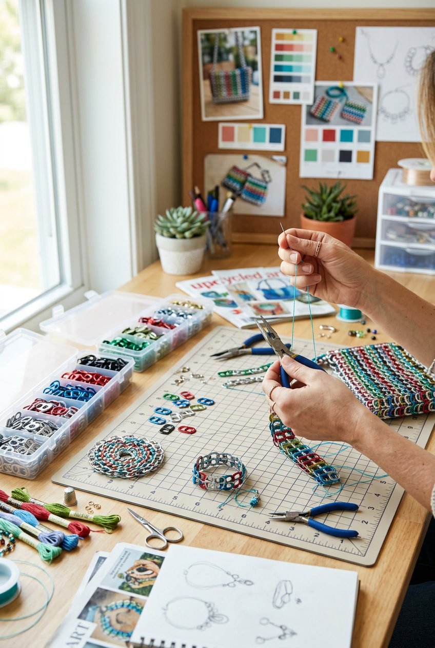 A person crafting with aluminum can tabs on a table filled with crafting tools and materials.