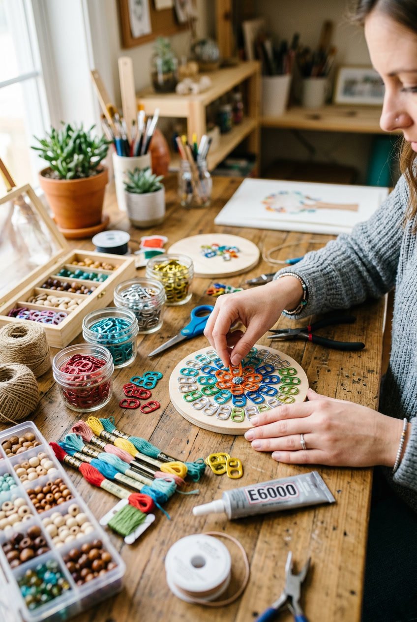 Hands assembling colorful soda can tabs and craft supplies on a wooden table.