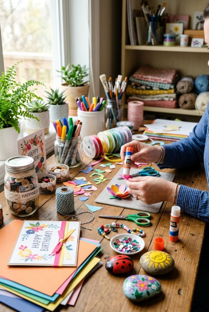 Hands making a paper flower on a wooden table surrounded by colorful craft supplies and finished handmade items.