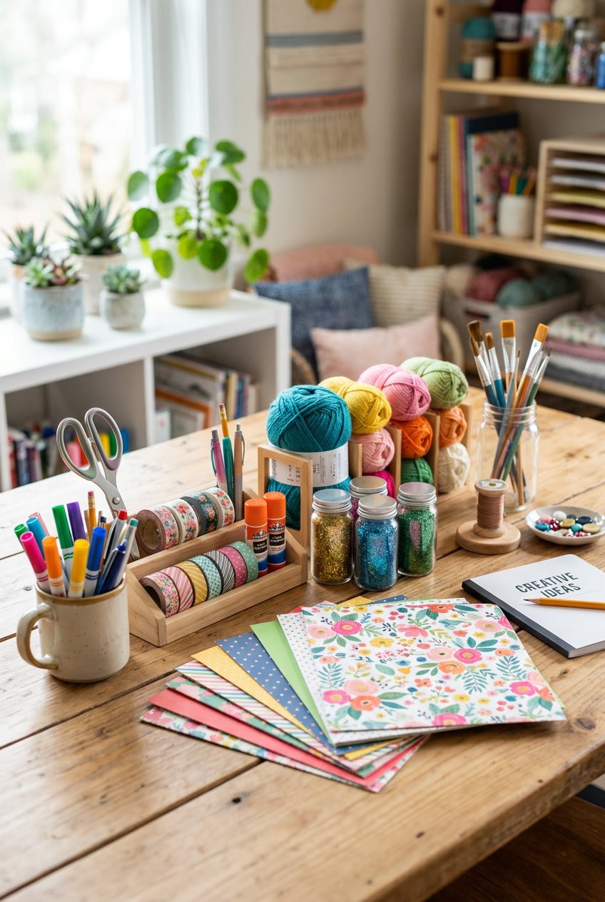 A table with various craft supplies including markers, scissors, glue, paintbrushes, patterned paper, glitter, and yarn arranged neatly.