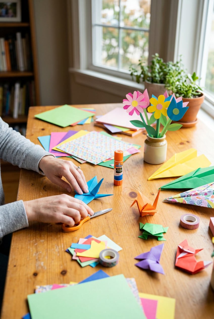 Hands working on simple paper crafts with colorful paper, scissors, and glue on a wooden table.