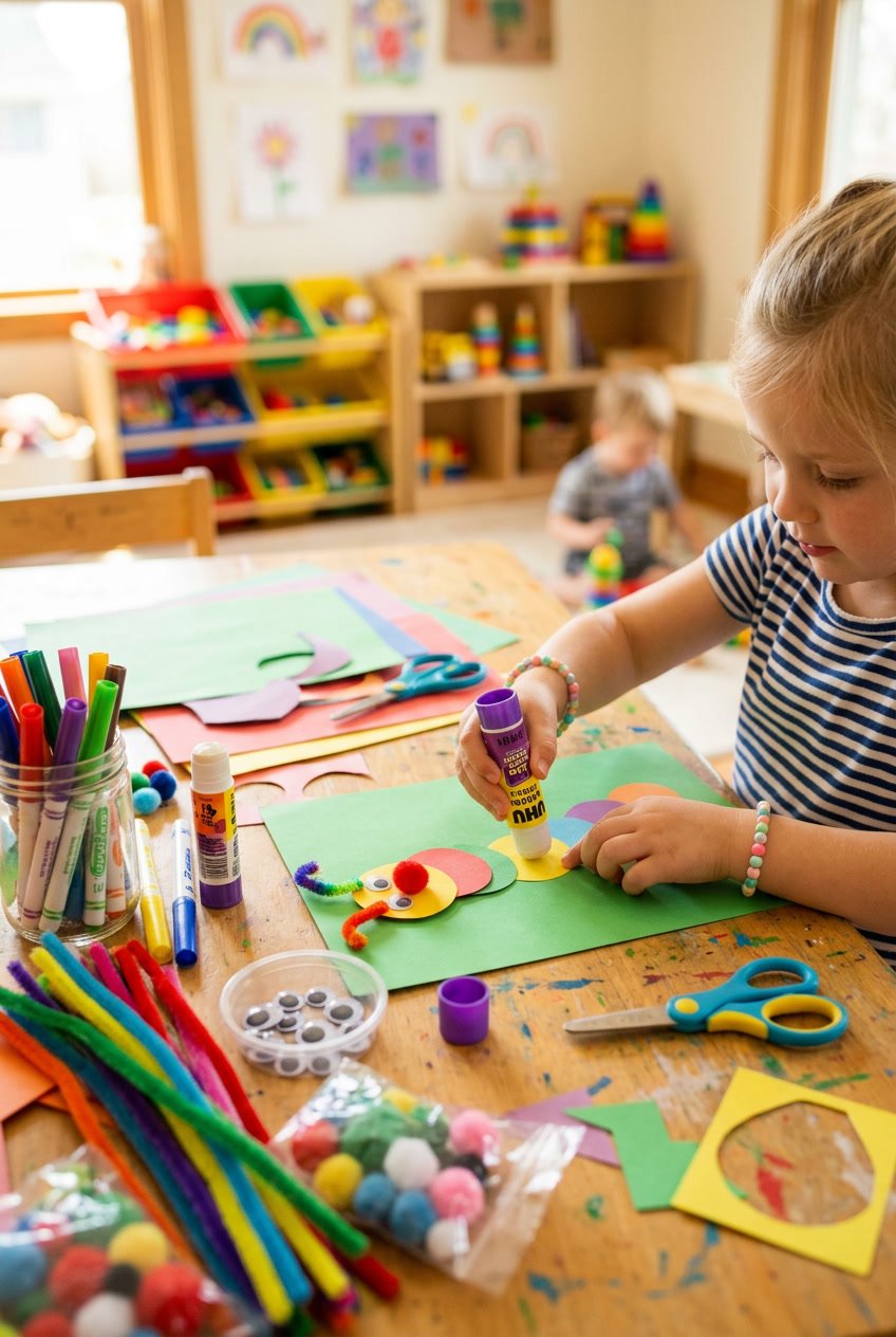 A child's hands creating a simple craft on a table filled with colorful craft supplies.