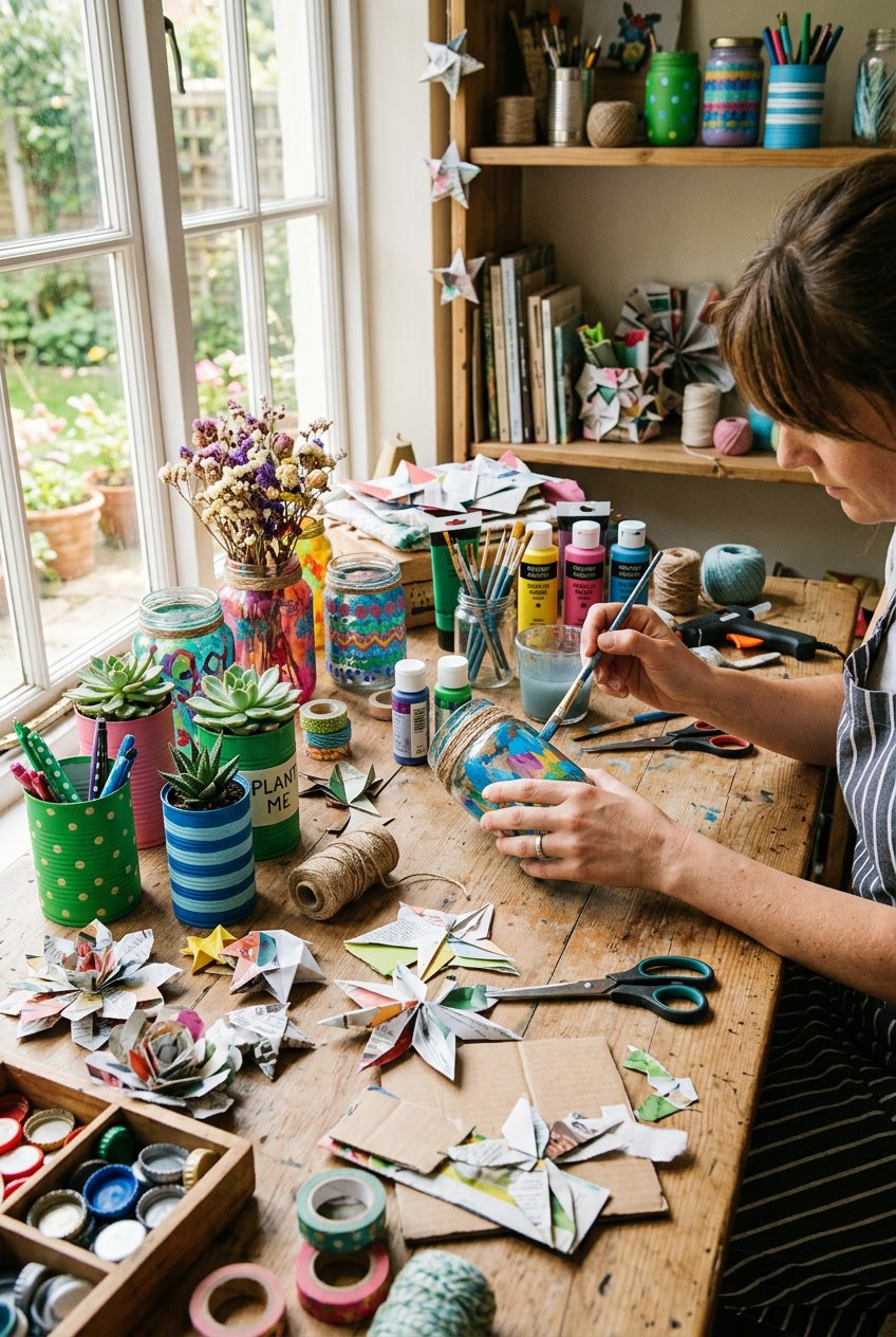 A workspace with various recycled and upcycled craft projects including decorated jars, paper crafts, and small planters, with crafting tools and materials on a wooden table.