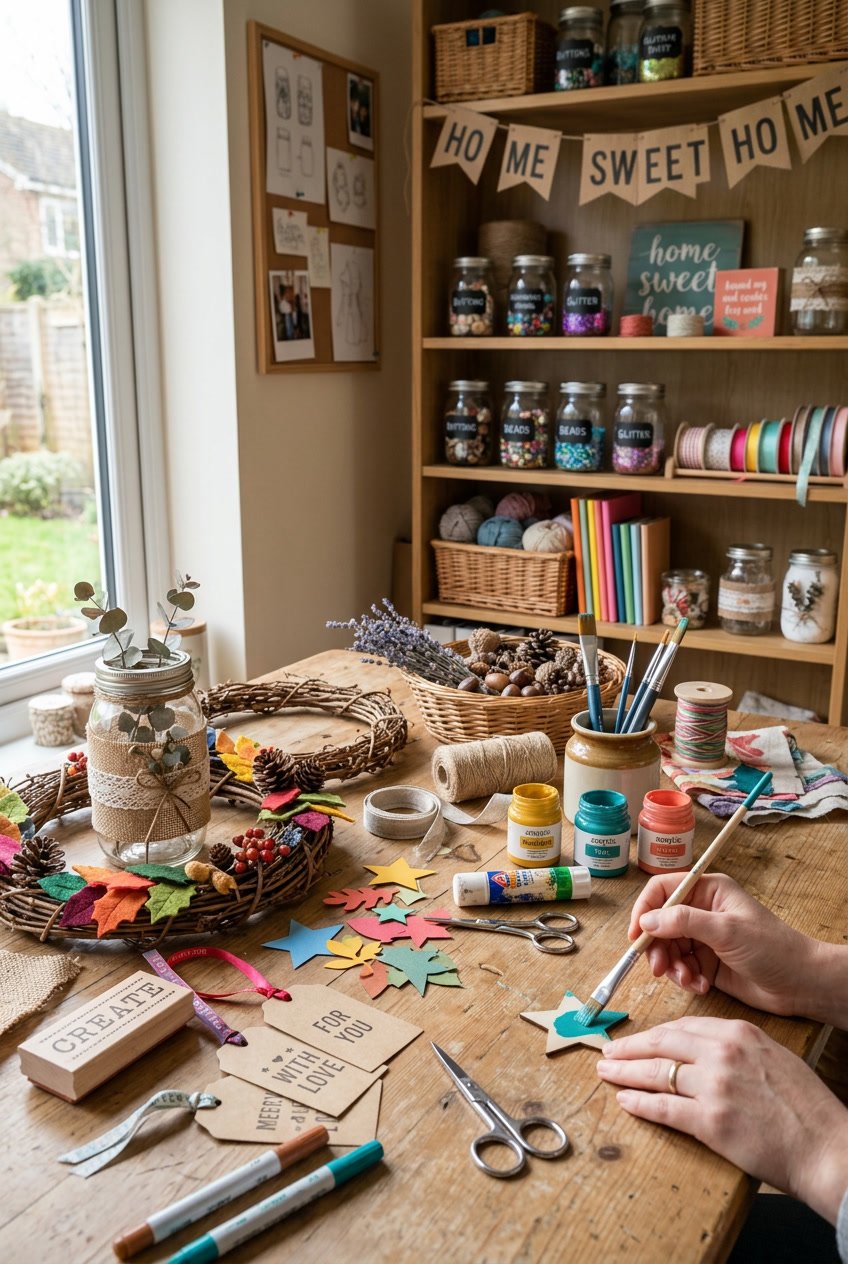 A table with various handmade craft supplies and partially completed decorative projects arranged neatly.