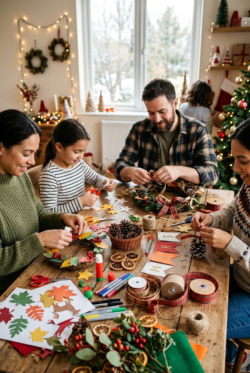People working on easy seasonal and holiday crafts with colorful materials on a wooden table.