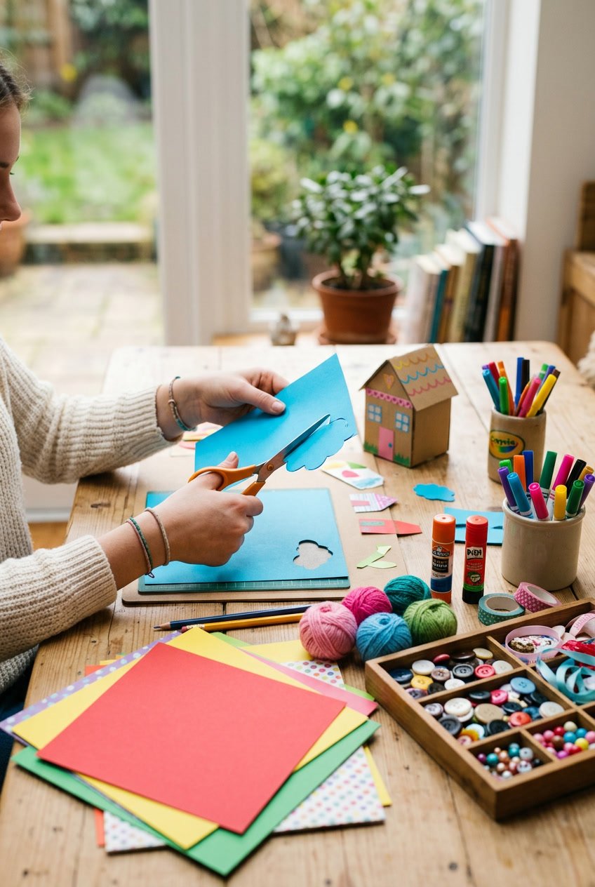 Hands working on simple craft projects with colorful materials spread out on a table.